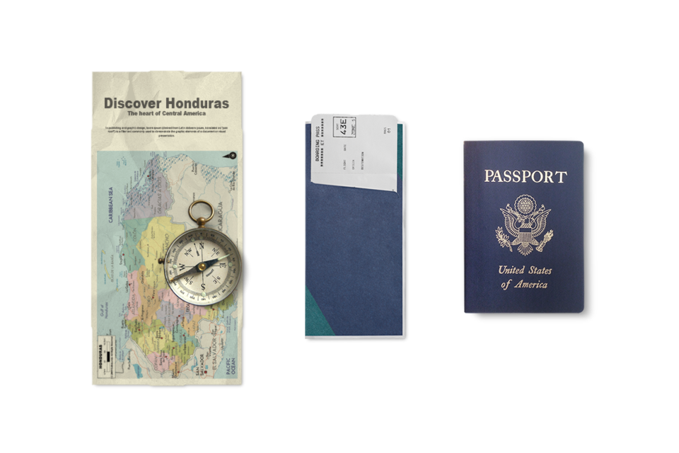 Passport, boarding pass and travel map for international vacation planning