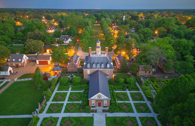 Aerial view of historic Williamsburg, Virginia