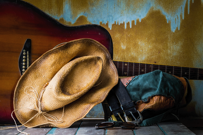 Cowboy hat and guitar representing Branson, Missouri entertainment